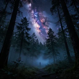 A haunted forest under the milkway at night, film grain, large format photograph, 16x9 aspect ratio, vibrant colors, by Stephen King, misty, moody, sinister, cinematic lighting, cinematic color grading, 8k render, hyperrealistic, ultra HD, Unreal Engine 5 render