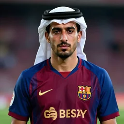 portrait of sadam hussain, fc barcelona jersey number 1 0, dark blue, maroon red, hyper realism art, trending on artstation, octane render