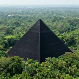Black pyramid in a jungle, photo taken from an airplane