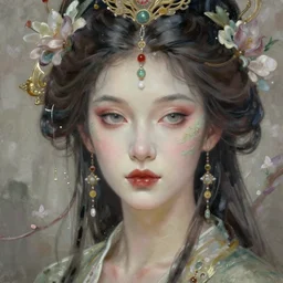 portrait of a spring goddess, unusual beauty, esoteric, muted colors, head in focus, high fantasy art, ornamental, spring aesthetics, intricate details, elegant, highly detailed, hyperrealistic painting, artstation, concept art, painterly, sharp focus, illustration, art by masha kurbatova
