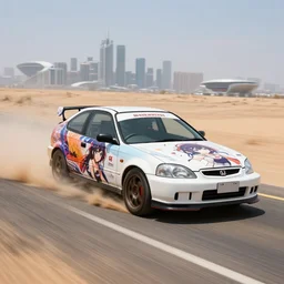 photograph of a cell-shaded Honda EK9 Type-R with an anime girl car wrap, speeding on a desert road with a futuristic city in the horizon, kicking up dirt, action shot, one point perspective, 1-point perspective, tilt shift, sigma 85mm f/1.4, 4k, depth of field, high resolution, 4k, 8k, hd, full color