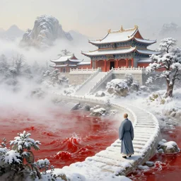 a gorgeous landscape painting by barlowe wayne maxfield parrish and marco mazzoni. winter morning. snow. chinese temple. just one lonely chinese monk in grey blue long gown walks on the winding steps. ultra clear detailed. 3 d, octane render. turbulent blood lake. fog
