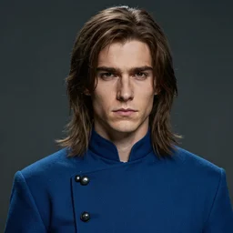 a young man with shoulder length brown hair. blue uniform. serious expression, handsome, rugged, kaladin stormblessed, way of kings, artgerm, portrait