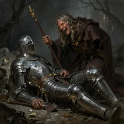 fantasy painting of an ancient cleric healing a wounded knight, cleric is unwashed, crazed, laughing, glowing eyes