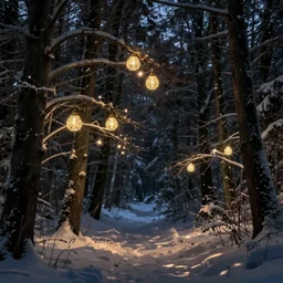 glowing lights perched on branches in winter forest, artstation winter fantasy, dark fantasy, winter landscapes, dramatic lighting