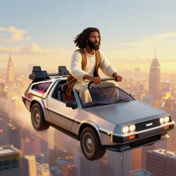 3 d vfx art of an african jesus jesus riding in a flying delorean over the city, back 2 the future, art style by ernie barnes & drew struzan, unreal engine render, digital illustration, sharp, intricate detail, volumetric light, ray tracing, golden hour, pinterest, artstation, behance