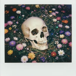 a giant female robot skull resting in a field of multicolored iridescent flowers, polaroid, 1 9 8 0 s, motion blur, bioluminescent, grainy, expired film, aerial view