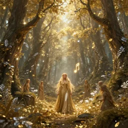 magical forest with gold and silver leafs, music, girl with blond long hair, elves, lord of the rings style, ultra detailed, trending on artstation, concept art, octane render, unreal engine,