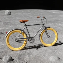 a stainless steel bike, with swiss cheese wheels, there is a rat cycling on the surface of the moon and, photorealistic