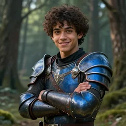 Picture of an teenager male warrior, baggy eyes, light bown iris, armfold, medium curly hair!, light brown skin!, black shirt underneath armor, mixed leather armor, blue colored, smiling, in the forest, ready for combat, high fantasy, by WLOP, Genzoman, Sakimichan and Frank Franzzeta, trending on artstation, artstationHD, artstationHQ, good, octane, cgsociety, HD, extremely detailed, detailed face!, HD 16k