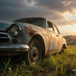 warm lighting, by jordan grimmer, macro, beautiful, concept art, abandoned old car close - up at a landfill, macro, godrays, cinematic view, volumetric, high detail, grass, vivid, detailed, trending on artstation, art greg rutkowski, low angle, epic sky, huge scene