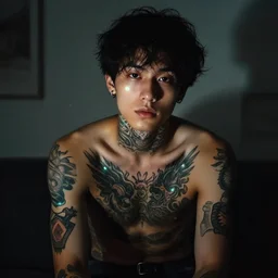 a beautiful young man has glowing tattoos. beautiful. low light levels in room