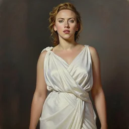 highly detailed oil painting | very intricate | cinematic lighting | award - winning | the beautiful scarlett johansson wearing a flowing toga | by godward, by tom bagshaw, by j. c. leyendecker and klimt, beautiful cinematic light, american romanticism, by alphonse mucha, artstation, cgsociety, official art, octane