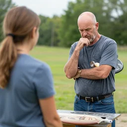 a balding middle - aged american signmaker sad when he loses his girlfriend to a disc golf pro