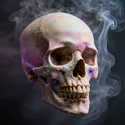 a skull made of colorful smoke that is slowly dissipating.