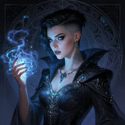 a beautiful cinematic female Necromancer Sorceress, galatic shamen with Quantum energy fantasy, fantasy magic, short fade hair, undercut hairstyle, dark light night, intricate, elegant, sharp focus, illustration, highly detailed, digital painting, concept art, matte, art by WLOP and Artgerm and Greg Rutkowski and Alphonse Mucha, masterpiece