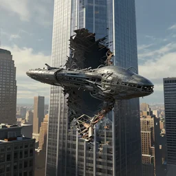 alien mothership crash site into new york city skyscraper surrounded by fbi trending on artstation digital paint 4 k render