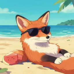 fox wearing sunglasses chilling on the beach, photo, vaporwave