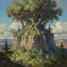 an elevated mesa under the protection of a nature spirit, extremely detailed oil painting, unreal 5 render, rhads, sargent and leyendecker, savrasov levitan polenov, bruce pennington, studio ghibli, tim hildebrandt, digital art, landscape painting, octane render, beautiful composition, trending on artstation, award winning photograph, masterpiece