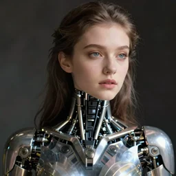 close - up portrait of beautiful young woman with cybernetic dress, art by peter lindbergh