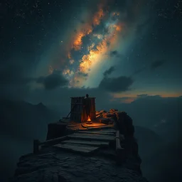 it is lonely at the edge of the world, melancholic, vibrant night sky, warm lighting, cinematic, highly detailed, masterpiece by artgerm, greg rutkowski, rembrandt, caravaggio, beeple
