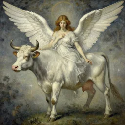 biblical angelic fairy cow!!! by gerald brom, by mikhail vrubel, by peter elson, muted colors, extreme detail, trending on artstation, 8 k