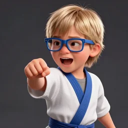 a 4 - year - old boy with medium length blonde hair, straight hair, blue glasses, giving a shout while delivering a martial punch., designed by peter andrew jones and pixar, photorealistic, 3 d render, award winning render, unreal engine, octane render, studio lighting, 8 k, hd, dustin nguyen, akihiko yoshida, greg tocchini, greg rutkowski, cliff