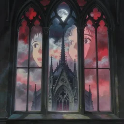 this is a dream reflected from the eyes. the moon is dark and the wind is high. the window grilles on the gothic church reveal a strange red. the clouds have translucent faces, mist and light. ghibli, matte painting, film lens, magnificent scene, full atmosphere, concept art