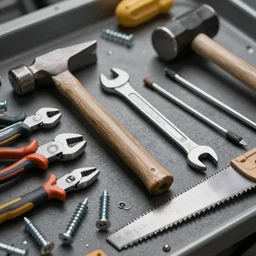 photo of a tool table with a hammer, wrench, pliers, screwdriver, screws, mallet, saw and crowbar, highly detailed, high quality, HD, 4k, 8k, Canon 300mm, professional photographer, 40mp, lifelike, top-rated, award winning, realistic, sharp, no blur, edited, corrected, trending