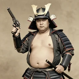 old photo of a very very rotund samurai holding a pistol