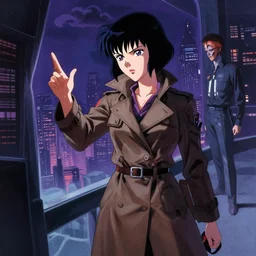 a high definition screenshot from the detective ( noir ) cyberpunk anime film ; a female detective in a trenchcoat investigates a dreamworld, digital painting by roger dean and martin ansin, surrealism, trending on artstation