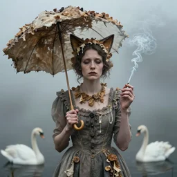 photographic portrait of sad max ernst woman cat ears dried melting floral fungus with spiraling cigarette smoke, wearing a dress, holding an umbrella and a swan, in fog, editorial