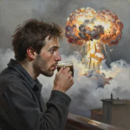 by tom bagshaw, ultra realist soft painting of a daily clothed man drinking his coffee while watching the bomb explode, partial symmetry accurate features, very intricate details, focus, curvy, award winning, ultra dense fog