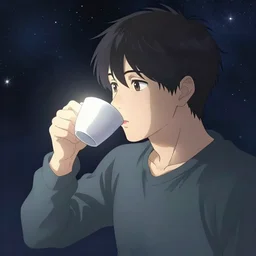 A man drinking a cup of cosmic energy bright light by Masafumi Harada, 4k, digital art, surreal, anime style, space dandy style, highly detailed, godsend, artstation, space