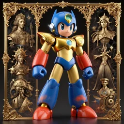 toy megaman, macro, by akihito yoshida, artstation, by asaf hanuka, by diego rivera, by hieronymus bosch, octane render, by wlop, refractive, ray tracing reflections, diffraction grading, insanely detailed and intricate, hypermaximalist, elegant, ornate, hyper realistic, super detailed
