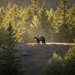 beautiful wooded landscape, wide shot of a large grizzly bear on top of a large hill with light shining through the trees in the early morning, global illumination, volumetric shadows, volumetric lighting, in the style of field and stream