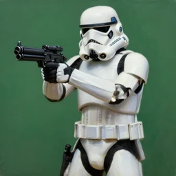 an extremely long shot of an imperial stormtrooper in battle position ready to shoot his blaster concept art by Doug Chiang cinematic, realistic painting, high definition, very detailed, extremely high detail, photo realistic, concept art, the Mandalorian concept art style, green background