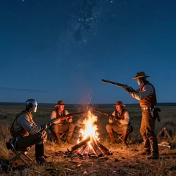 robots around a campfire at night on the open prairie under a beautiful sky filled with stars in the style of Frederic Remington's Shotgun Hospitality
