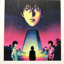 a close - up grainy risograph, painting of a scene from hyper light drigter, neon dull colors, a big face floating above the wide monolith, moebius and kim jung gi and satoshi kon