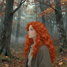 a beautiful illustration of a red-head female in a forest, autumn, cinematic composition, mist, style of yoshitaka amano and alfons mucha