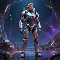 close offset full body portrait. futuristic mech suit. fantastical cosmic interior environment. octane render. beeple. volumetric lighting.