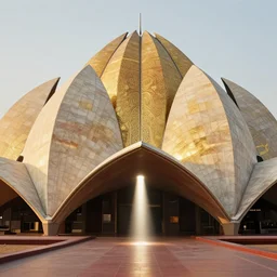 futuristic lotus temple with gold, red and white marble panels, shafts of sunlight in the centre, in the desert, by h r giger, intricate contemporary architecture with art nouveau motifs, photo journalism, photography, cinematic, national geographic photoshoot