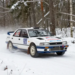 a 1 9 8 8 mitsubishi starion esi - r, racing through a rally stage in a snowy forest