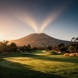 double exposure of a beautiful golden hour hill and beautifully enchanted golf course, brocken spectre, cosmic stars, blurry distant figures, grainy film, cinematic, haunted psychedelic VHS glitch