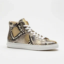 single snakeskin hightop sneaker on a white surface, clean 3 d render, beautiful studio lighting, soft, sharp focus, intricate detail, gold filigree, art by iris van herpen