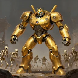 a giant golden robot fighting an army of skeletons, highly detailed portrait, digital painting, artstation, concept art, smooth, sharp foccus ilustration, Artstation HQ
