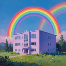 a beautiful painting of a building in a serene landscape, ((((((((((((((((((((((((((((((((((((((((neon rainbow))))))))))))))))))))