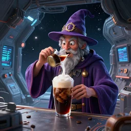 space coffee being drunk by a crazy caffeine wizard on a space station, it cool and futuristic in the space station - n 6