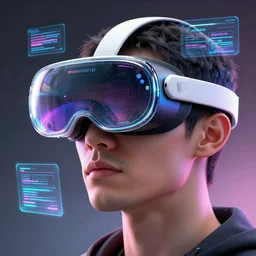 highly detailed futuristic Apple iGlass Virtual Reality Headset, computer glasses on face of human, cyberpunk, holograms, concept art, character art, studio lightning, bright colors, intricate, masterpiece, photorealistic, hyperrealistic, sharp focus, high contrast, Artstation HQ, DeviantArt trending, 8k UHD, Unreal Engine 5