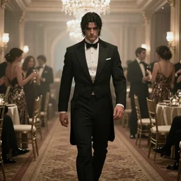 A photo of a Dark Souls character arriving at a fancy party in a tuxedo, hotel ballroom, hazy lighting